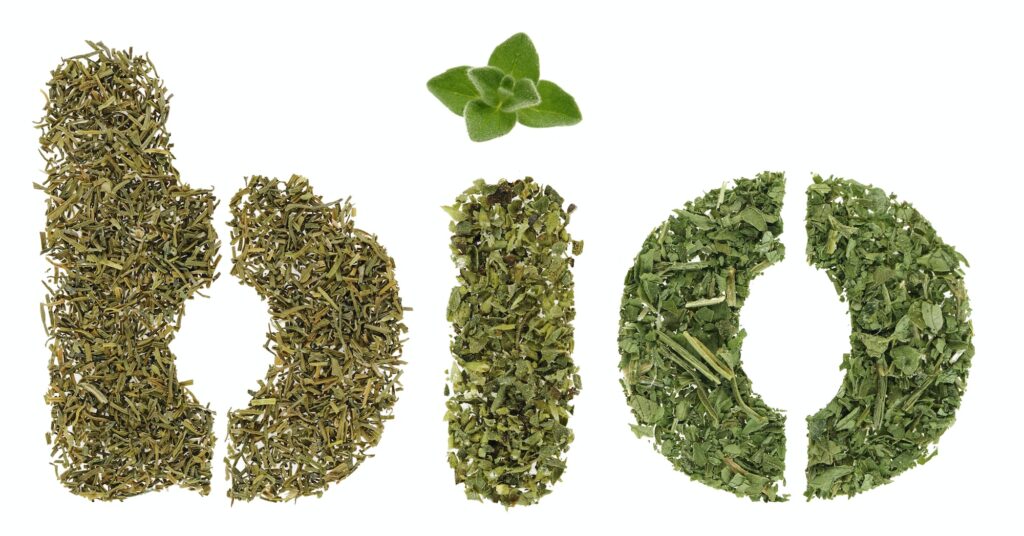Bio word made of green herbs and spices